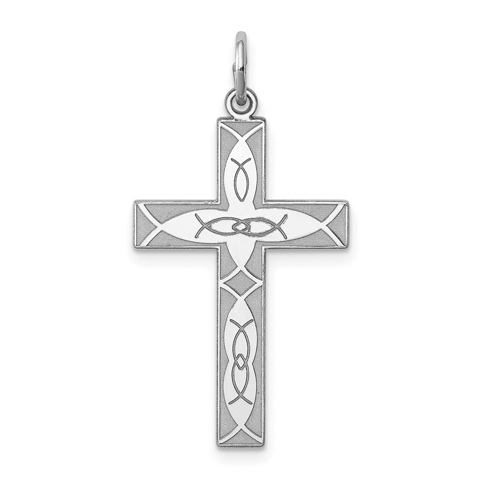 Sterling Silver Rhodium-plated Laser Cut Cross Pendant, 30 x 16 mm, 0.91 g