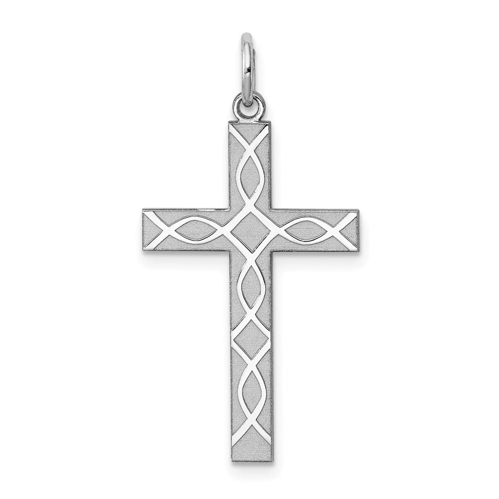 Sterling Silver Rhodium-plated Laser Cut Cross Pendant, 30 x 16 mm, 0.77 g