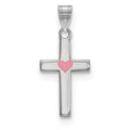 Sterling Silver Rhodium-plated Pink Enameled Heart Cross Charm, 18.77 x 11.58 mm