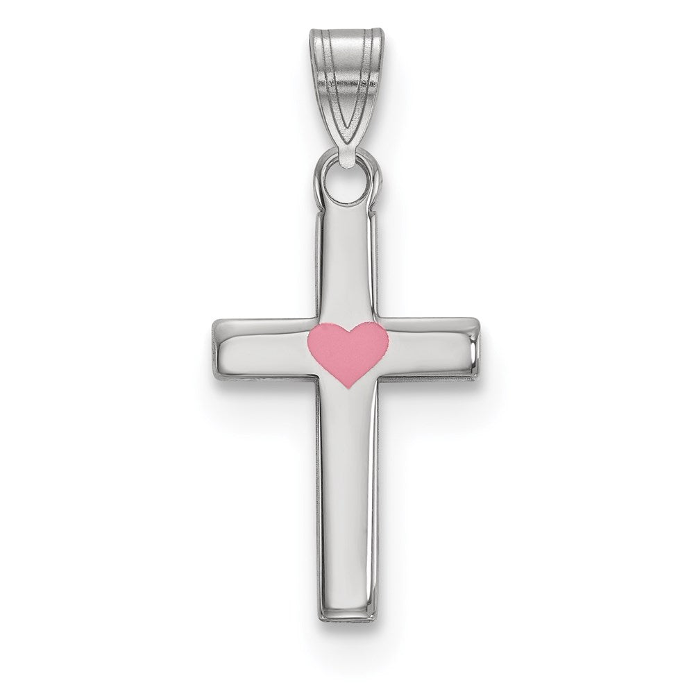 Sterling Silver Rhodium-plated Pink Enameled Heart Cross Charm, 18.77 x 11.58 mm