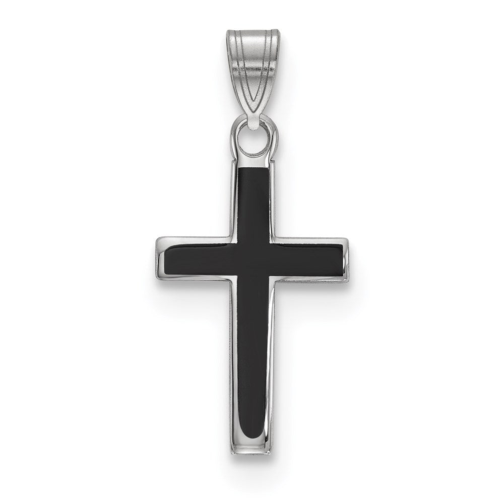 Sterling Silver Rhodium-plated Black Enameled Cross Charm, 18.85 x 11.57 mm