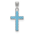 Sterling Silver Rhodium-plated Blue Enameled Cross Hatch Cross Charm, 18.23 x 11.61 mm