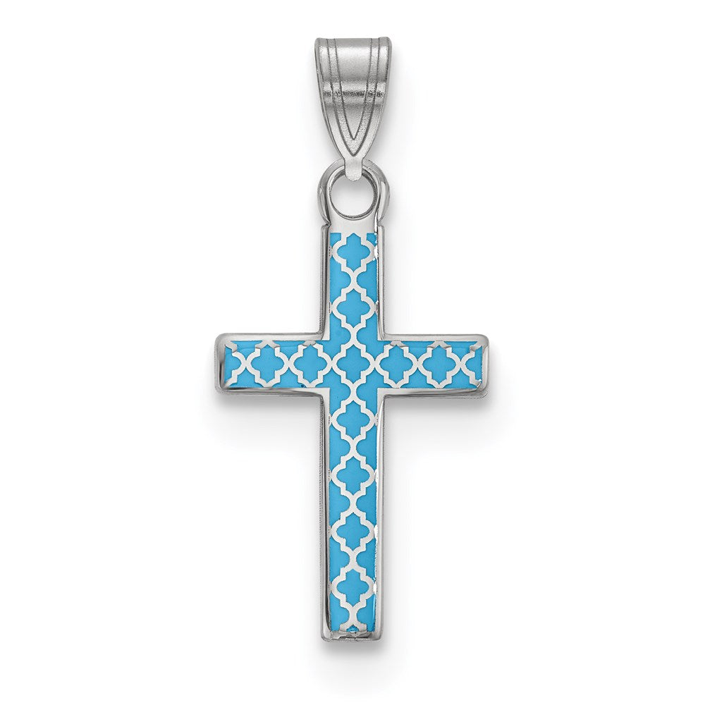 Sterling Silver Rhodium-plated Blue Enameled Cross Hatch Cross Charm, 18.23 x 11.61 mm