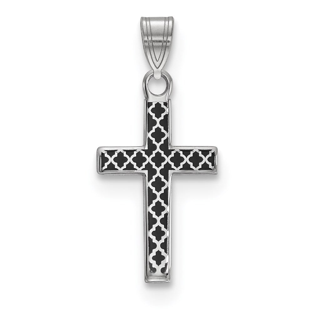 Sterling Silver Rhodium-plated Black Enameled Cross Hatch Cross Charm, 18.23 x 11.61 mm