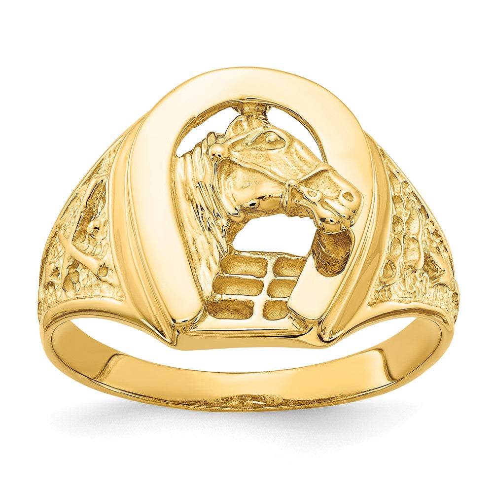 IB Goodman 14k Polished Horseshoe with Horse in Center Mens Ring, Size 10