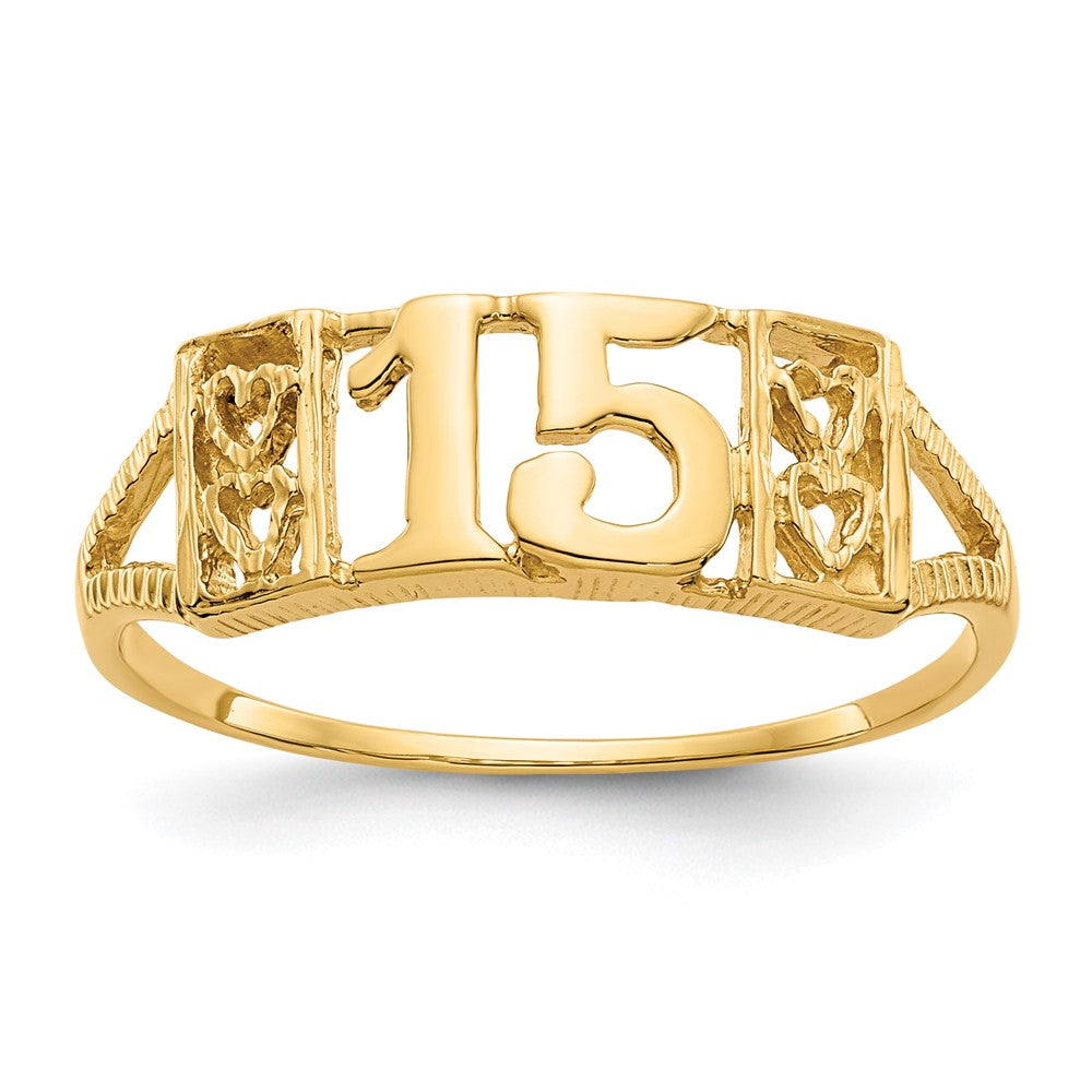 14K Quinceanera 15 with Hearts Ring, Size 7