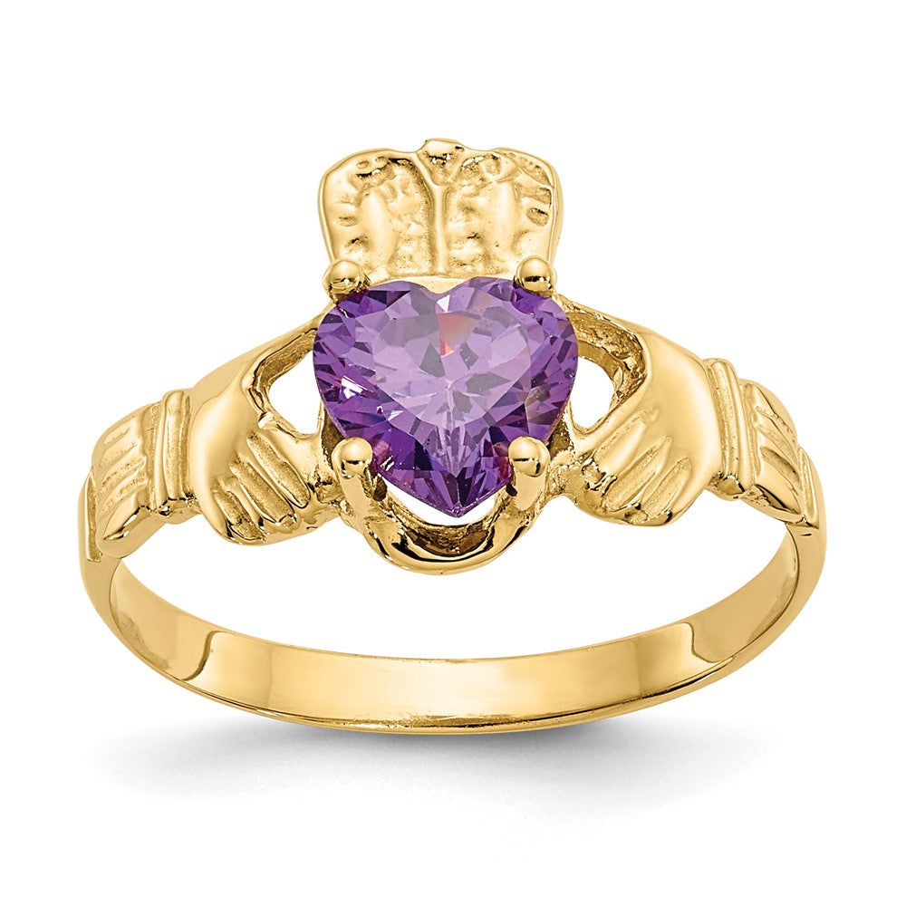 14k February CZ Heart Birthstone Claddagh Ring, Size 5