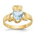 14k March CZ Heart Birthstone Claddagh Ring, Size 5