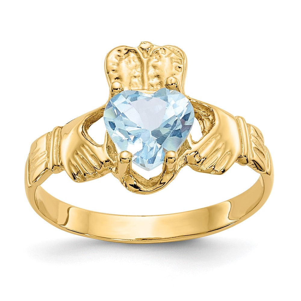 14k March CZ Heart Birthstone Claddagh Ring, Size 5