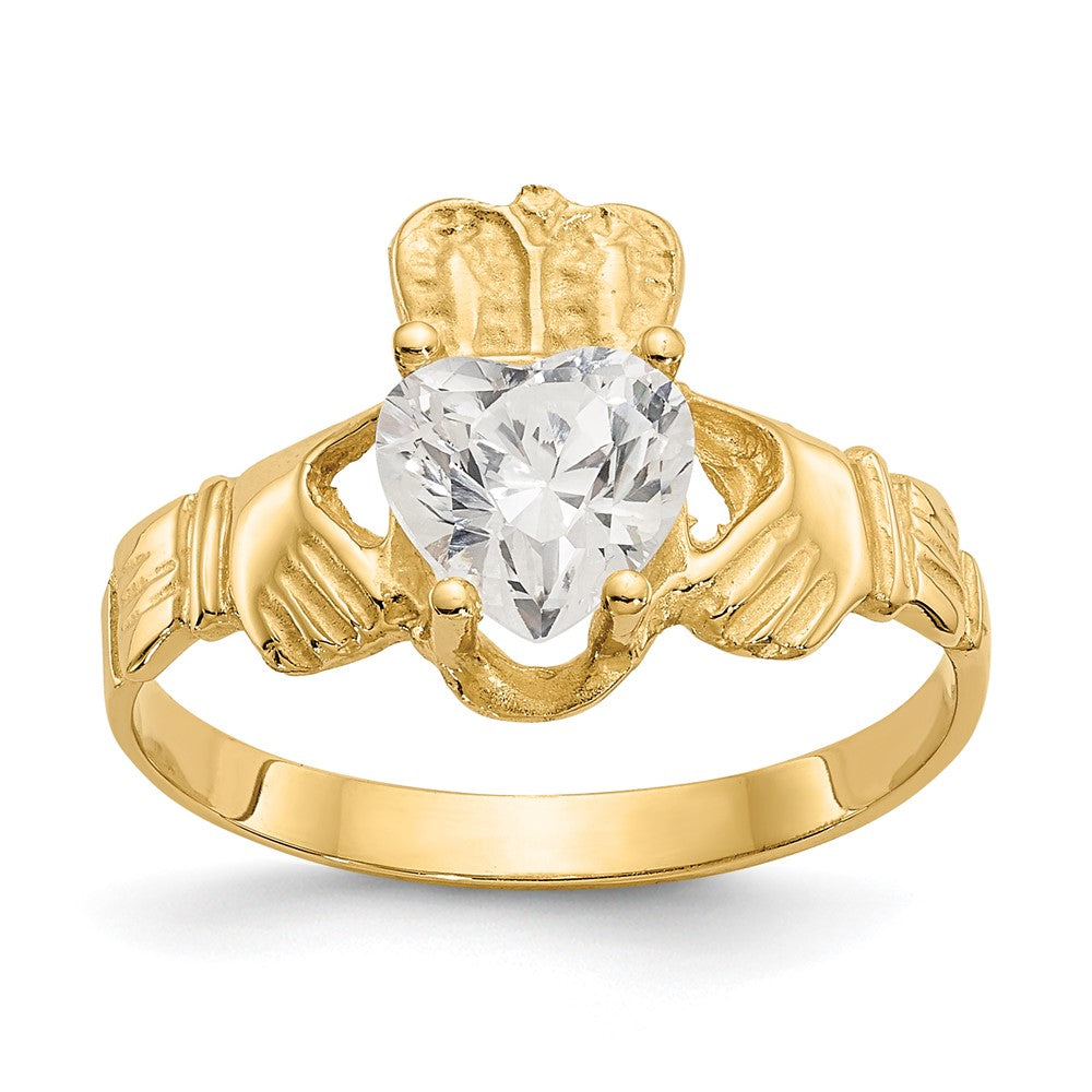 14k April CZ Heart Birthstone Claddagh Ring, Size 5
