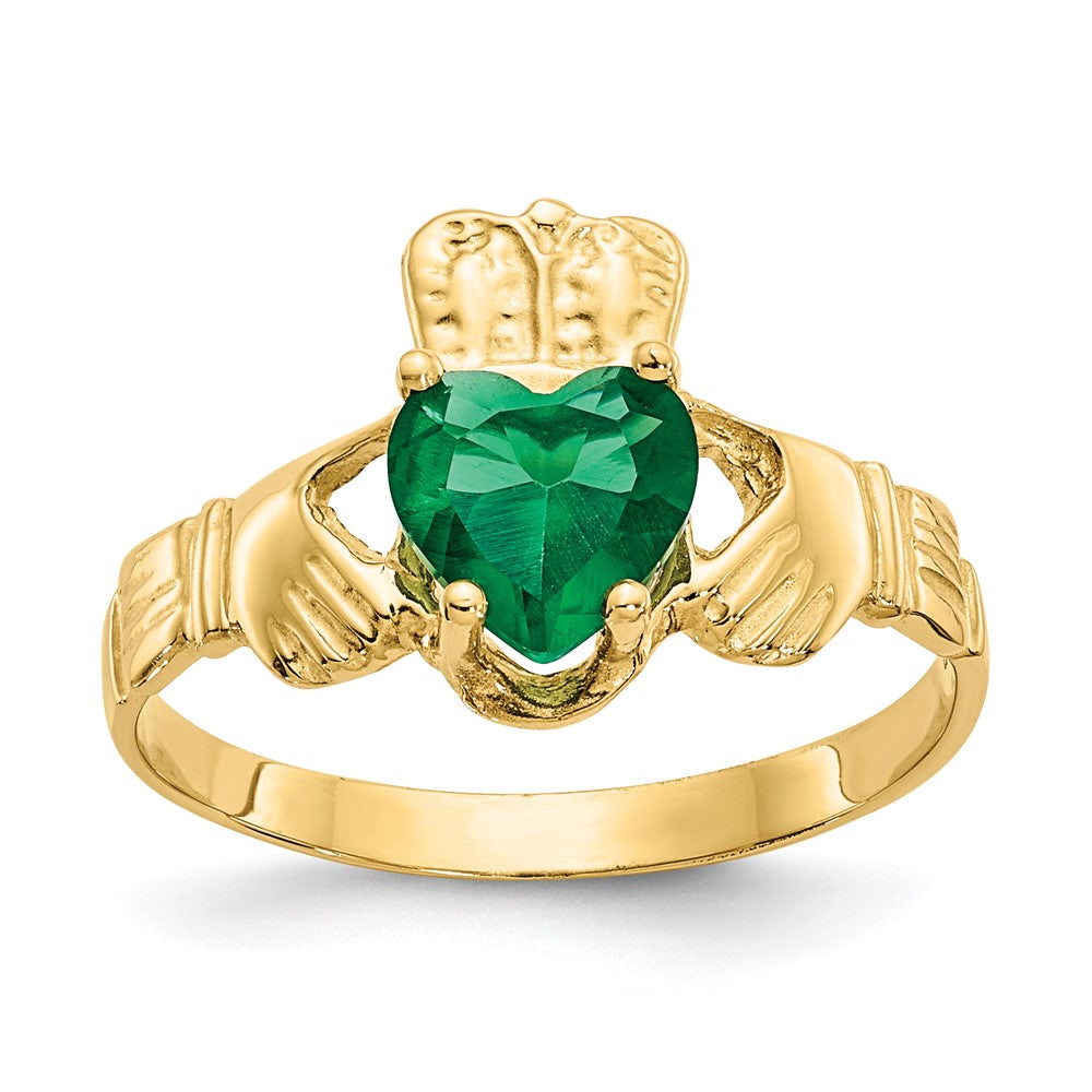 14k May CZ Heart Birthstone Claddagh Ring, Size 5