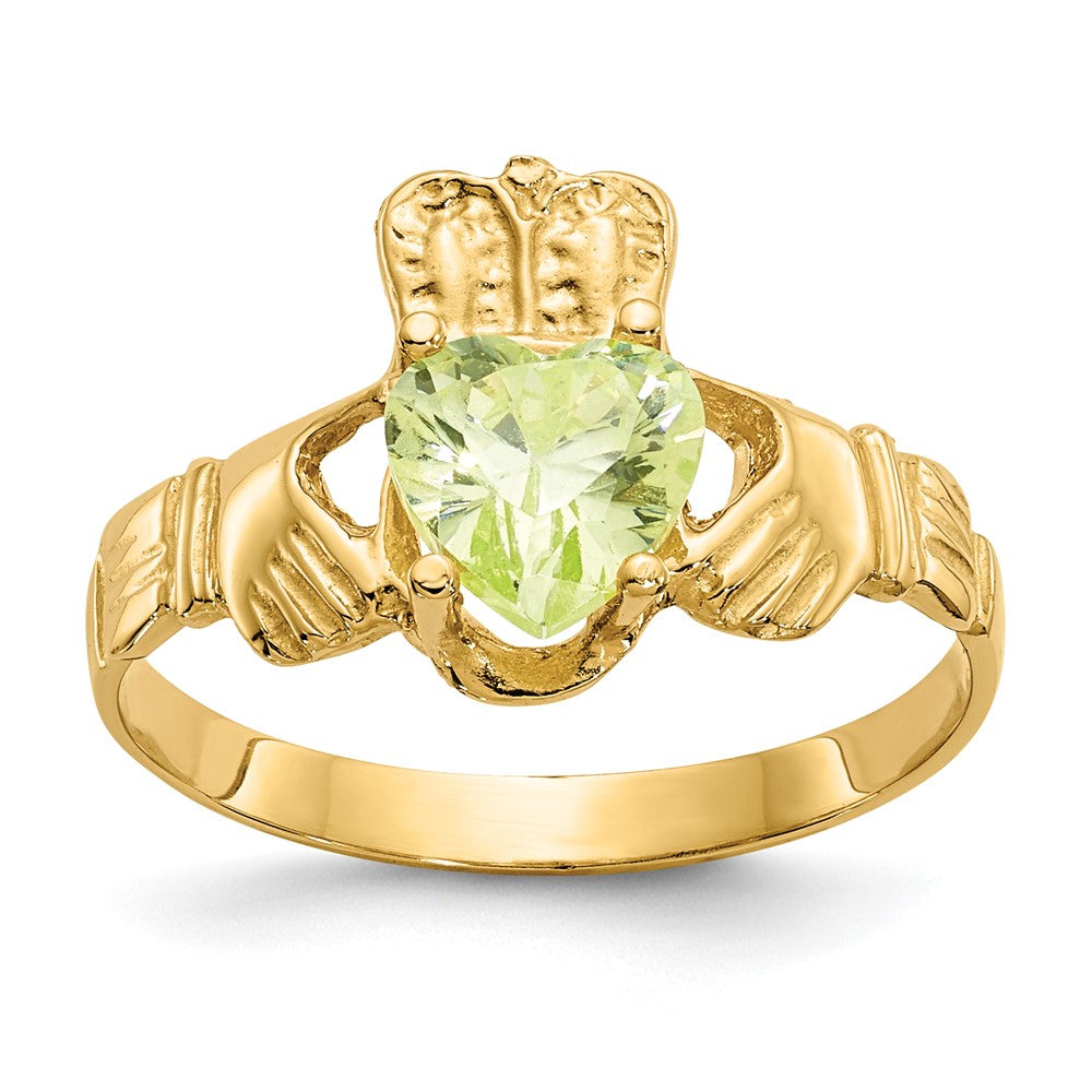 14k August CZ Heart Birthstone Claddagh Ring, Size 5