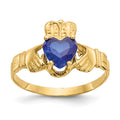 14k September CZ Heart Birthstone Claddagh Ring, Size 5