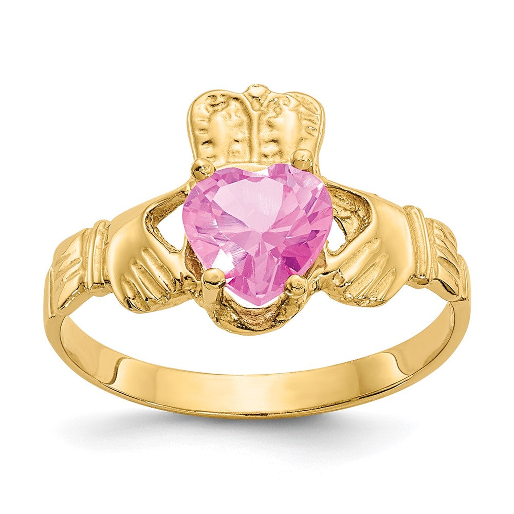 14k October CZ Heart Birthstone Claddagh Ring, Size 5