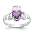 14k White Gold February CZ Heart Birthstone Claddagh Ring, Size 5