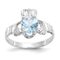 14k White Gold March CZ Heart Birthstone Claddagh Ring, Size 5