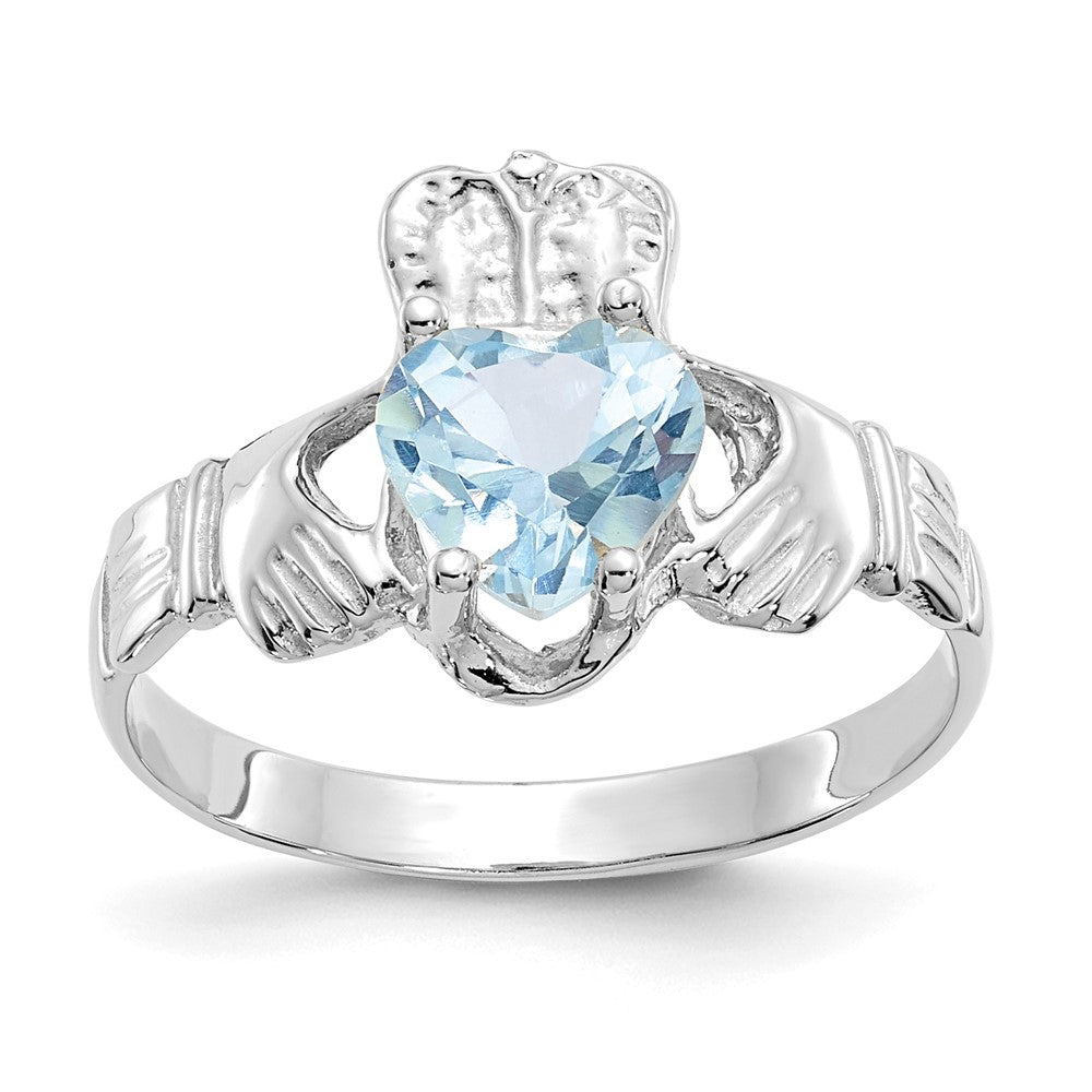14k White Gold March CZ Heart Birthstone Claddagh Ring, Size 5