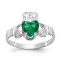 14k White Gold May CZ Heart Birthstone Claddagh Ring, Size 5