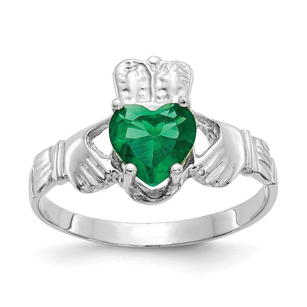 14k White Gold May CZ Heart Birthstone Claddagh Ring, Size 5