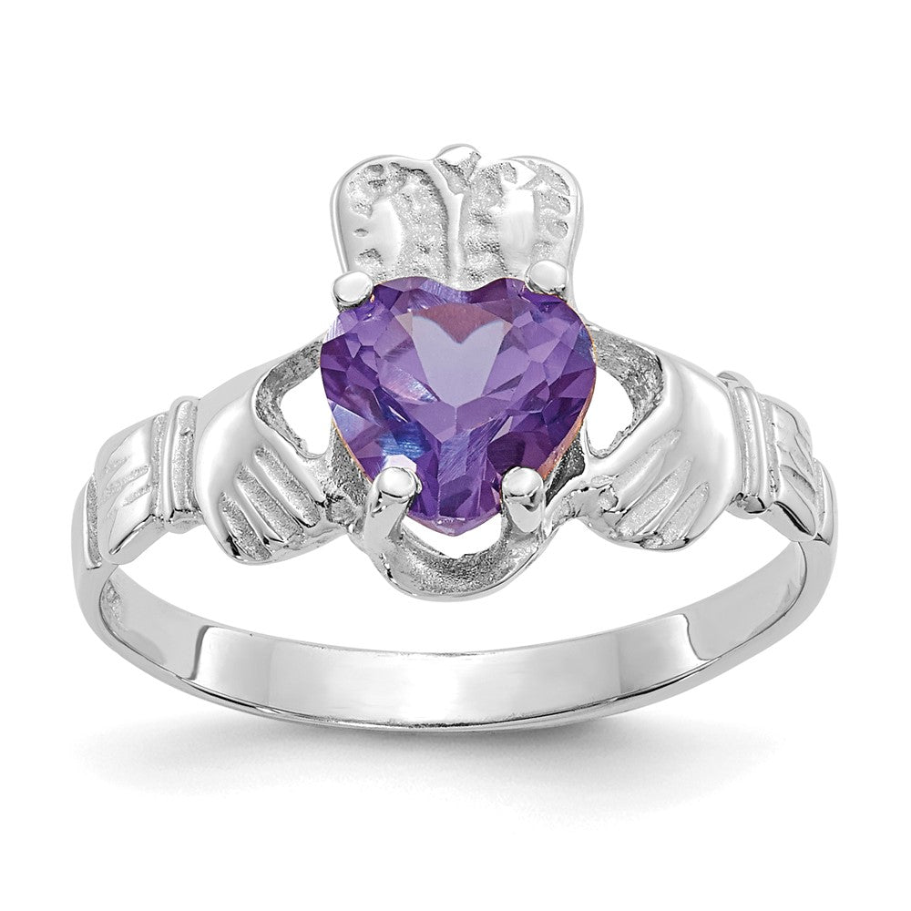14k White Gold June CZ Heart Birthstone Claddagh Ring, Size 5