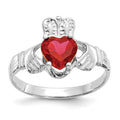 14k White Gold July CZ Heart Birthstone Claddagh Ring, Size 5