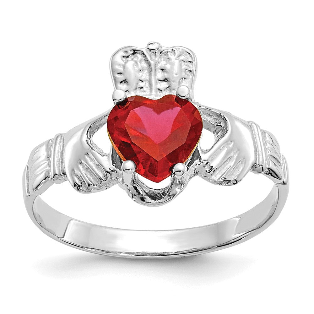 14k White Gold July CZ Heart Birthstone Claddagh Ring, Size 5