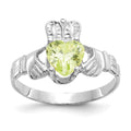 14k White Gold August CZ Heart Birthstone Claddagh Ring, Size 5