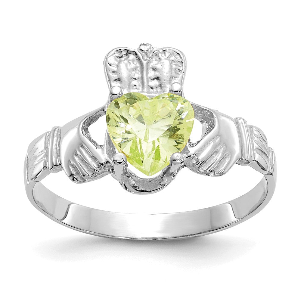 14k White Gold August CZ Heart Birthstone Claddagh Ring, Size 5