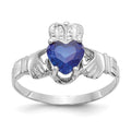 14k White Gold September CZ Heart Birthstone Claddagh Ring, Size 5