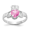 14k White Gold October CZ Heart Birthstone Claddagh Ring, Size 5
