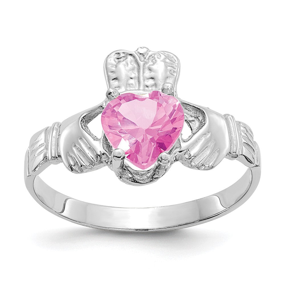 14k White Gold October CZ Heart Birthstone Claddagh Ring, Size 5