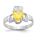 14k White Gold November CZ Heart Birthstone Claddagh Ring, Size 5