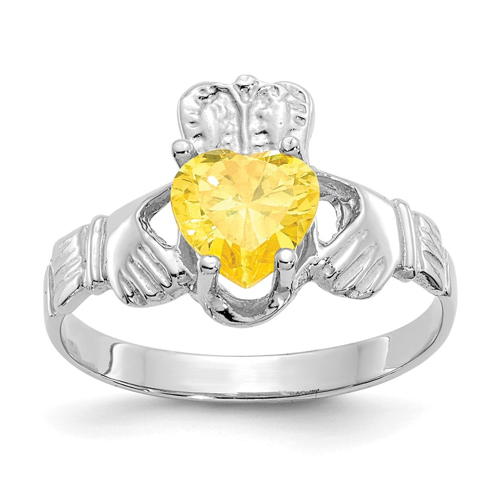 14k White Gold November CZ Heart Birthstone Claddagh Ring, Size 5
