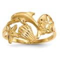 14k Polished and Satin Diamond-cut Dolphin/Starfish/Shell/Sand Dollar Ring, Size 7