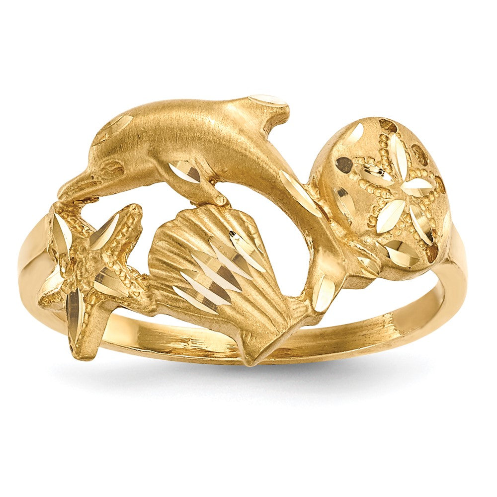 14k Polished and Satin Diamond-cut Dolphin/Starfish/Shell/Sand Dollar Ring, Size 7