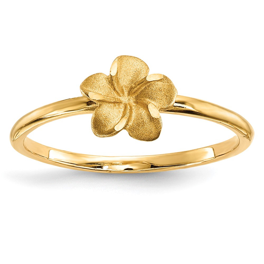 14k Satin and Diamond-cut Plumeria Ring, Size 7, 1.39 g