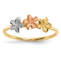 14k Two-tone with White Rhodium Polished and Satin 3 Plumeria Flowers Ring, Size 7