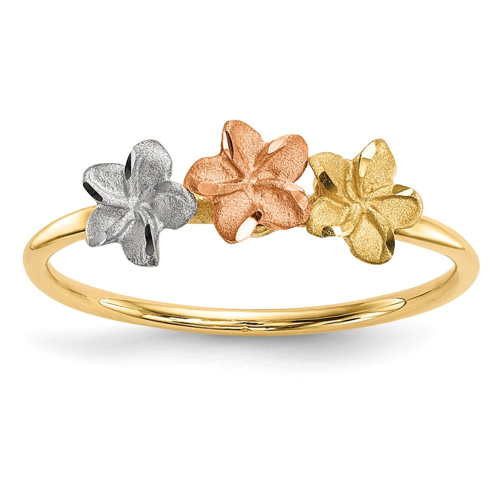 14k Two-tone with White Rhodium Polished and Satin 3 Plumeria Flowers Ring, Size 7