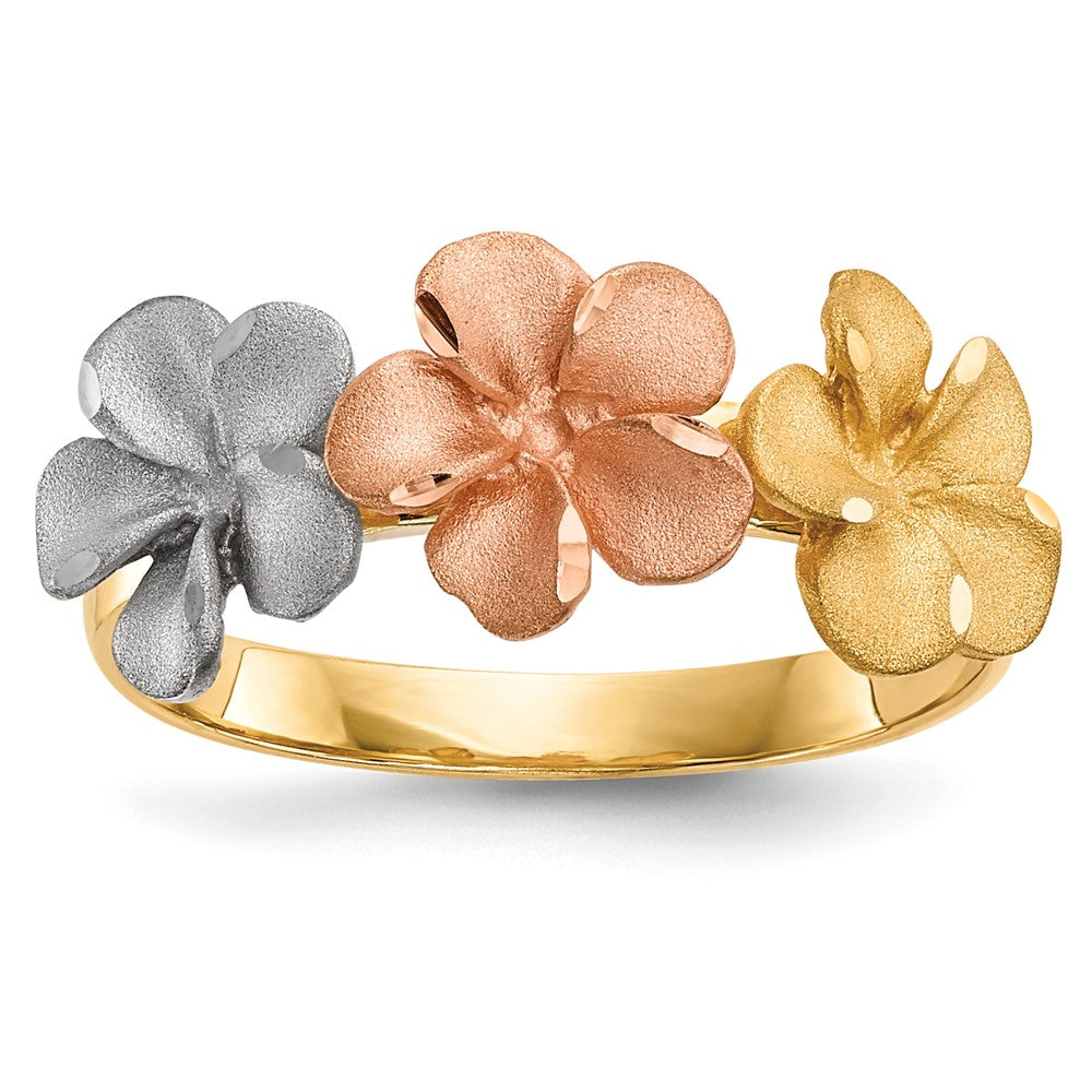 14k Two-tone with White Rhodium Satin Diamond-cut 3-Plumeria Flowers Ring, Size 7