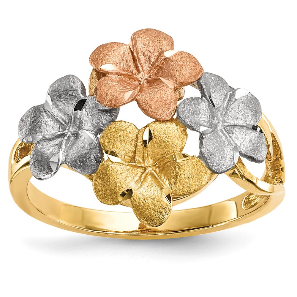 14k Two-tone with White Rhodium Polished and Satin Diamond-cut 4-Plumeria Flowers Ring, Size 7