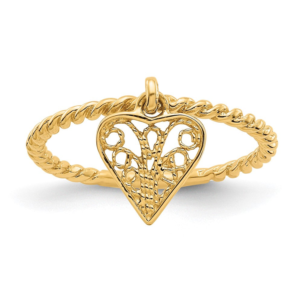 14k Dangle Filigree Heart Ring, Size 5