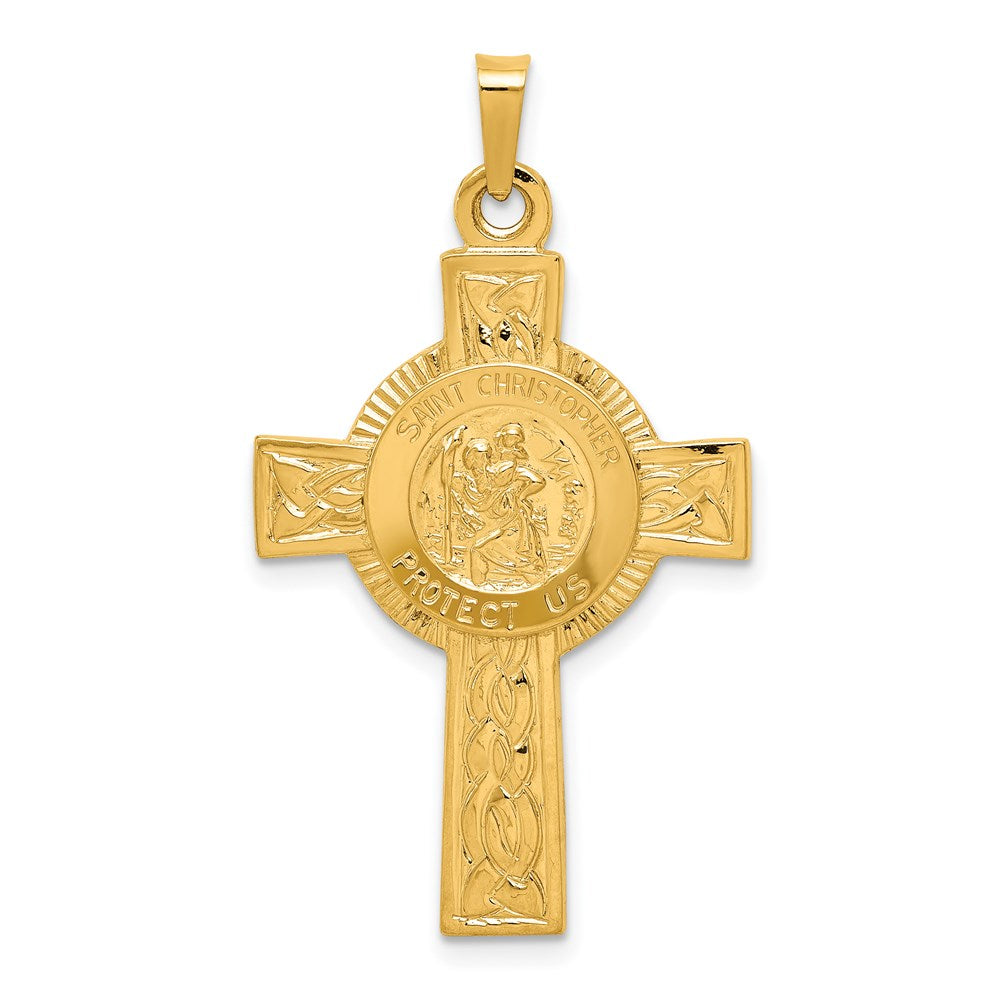 14k Polished Cross with St. Christopher Medal Pendant, 38 x 21.5 mm