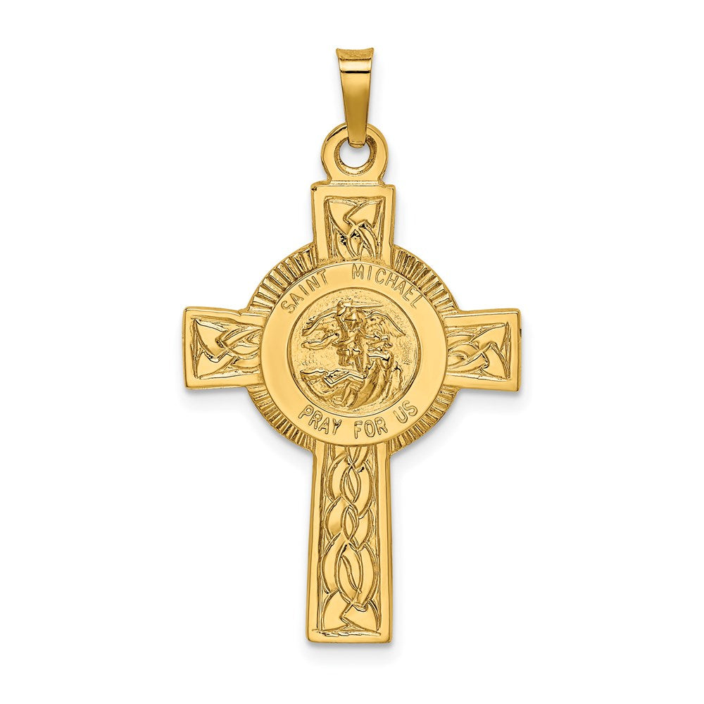 14k Polished Cross with St. Michael Medal Pendant, 37 x 21 mm
