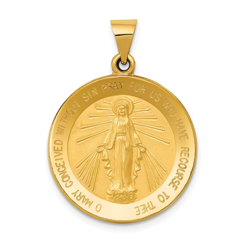 14k Polished and Satin Hollow Miraculous Medal Round Pendant, 30 x 22 mm