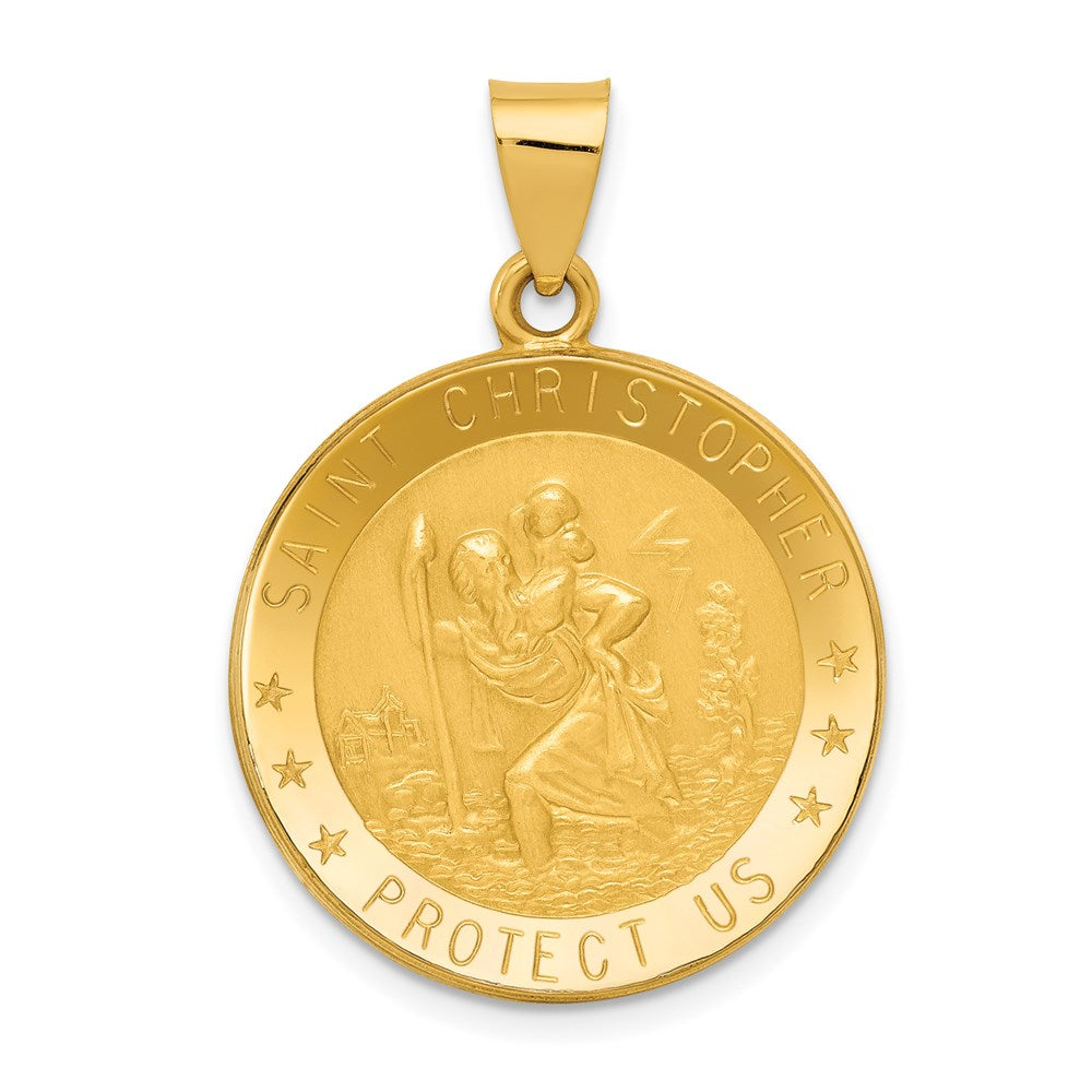 14k Polished and Satin Hollow Saint Christopher Medal Round Pendant, 32 x 22.75 mm