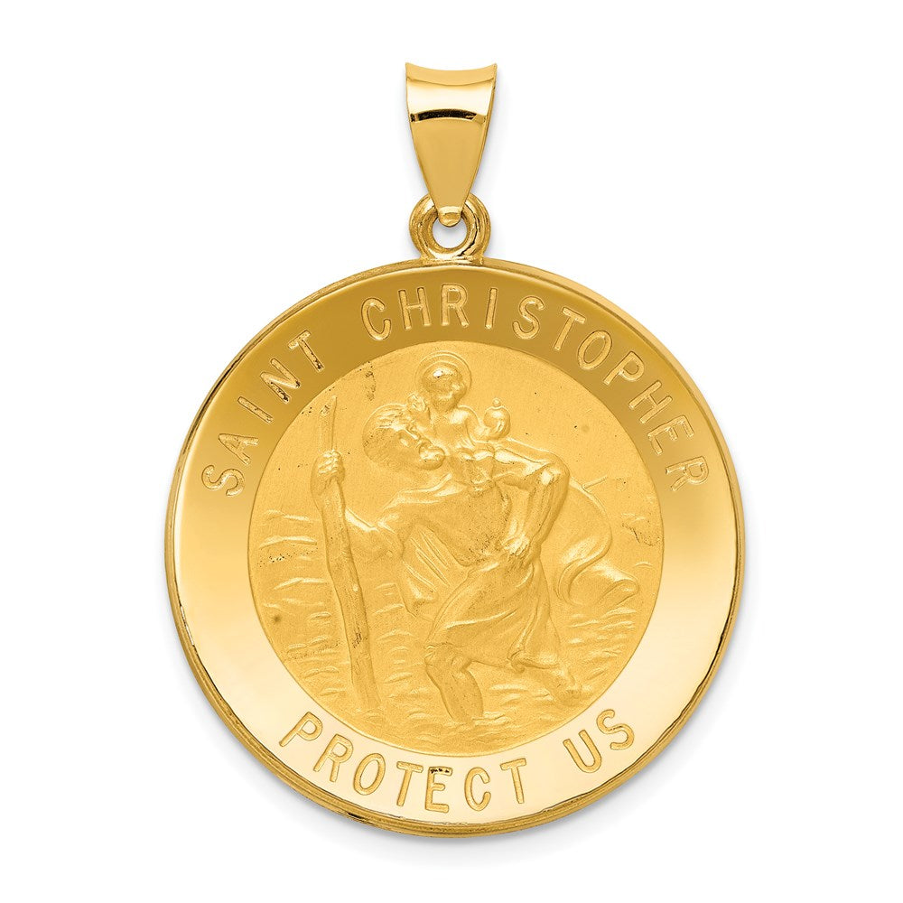 14k Polished and Satin Hollow Saint Christopher Medal Round Pendant, 35 x 26.5 mm