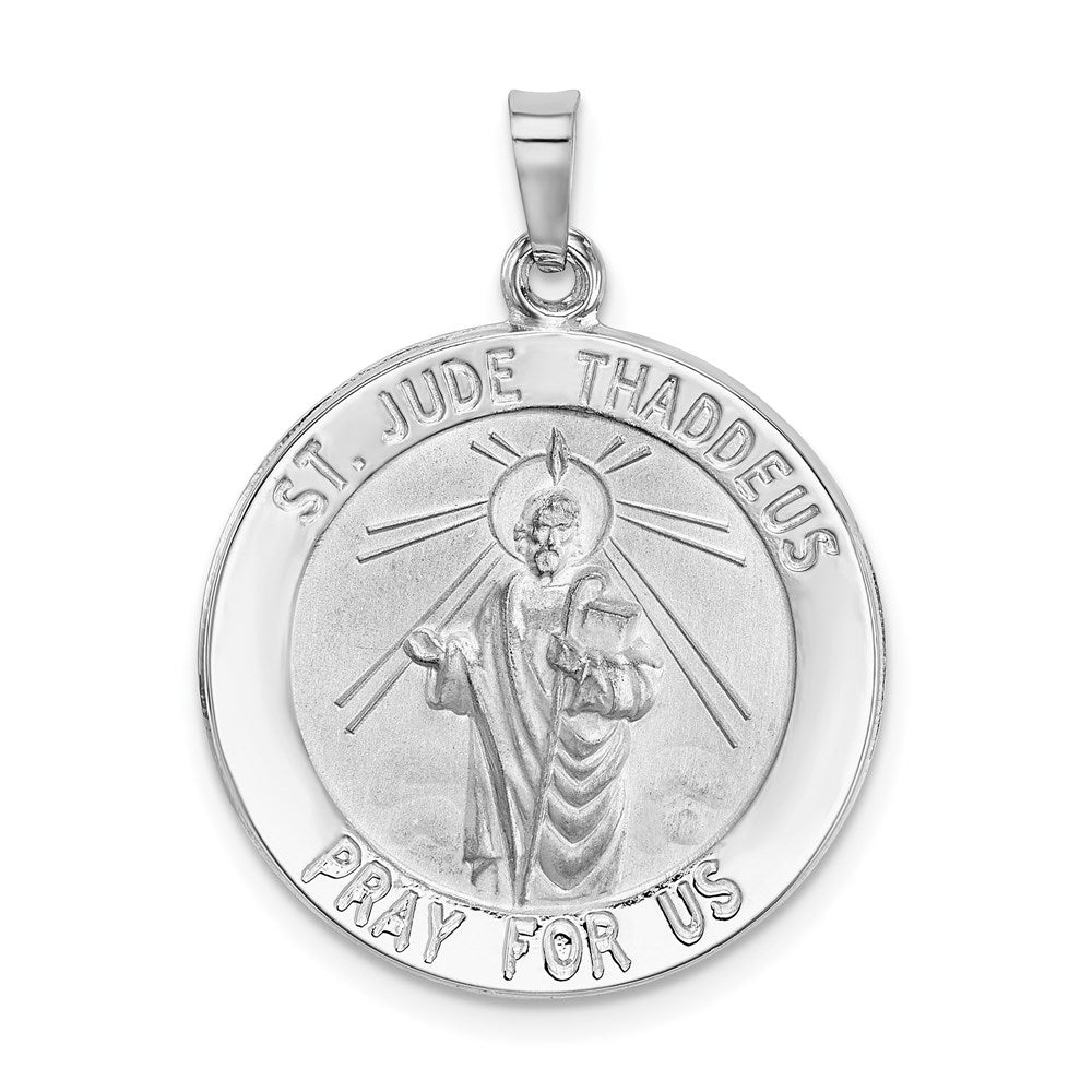 14k White Gold Polished and Satin Solid Saint Jude Thaddeus Medal Round Pendant, 29 x 21 mm