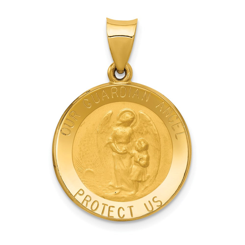 14k Polished and Satin Hollow Our Guardian Angel Medal Charm, 27 x 18.5 mm