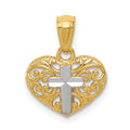 14k and White Rhodium Cross in Filigree Heart Pendant, 16 x 12 mm