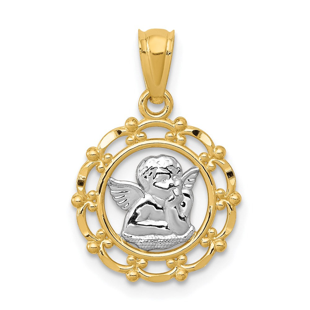 14k and White Rhodium Scalloped Frame Cherub Round Pendant, 20 x 13 mm
